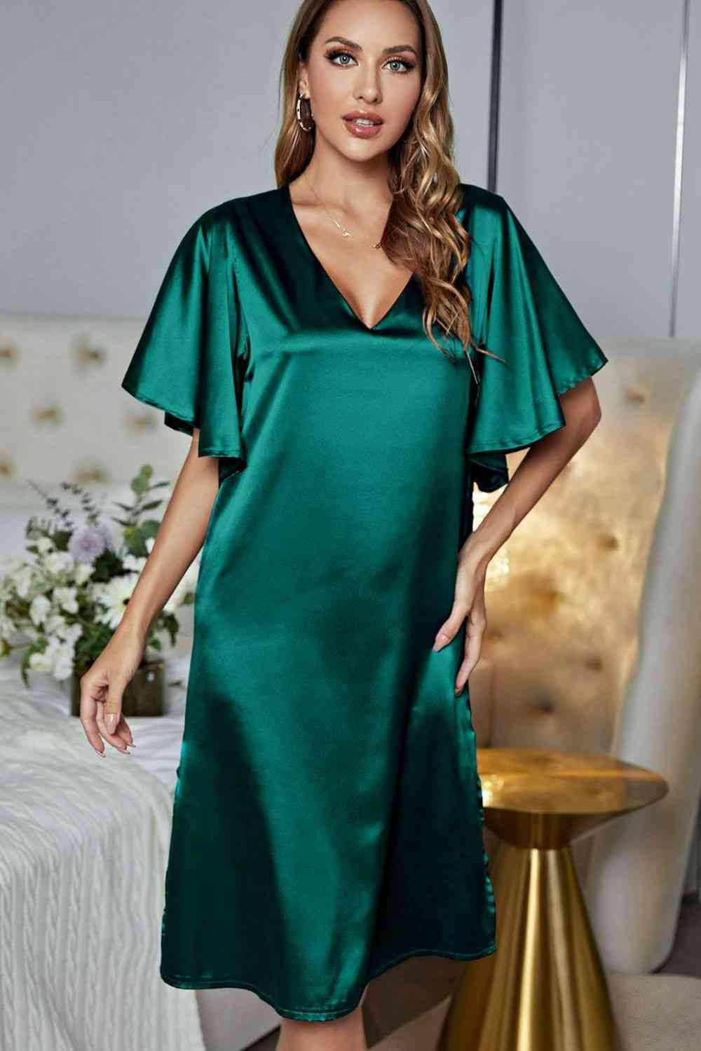 Satin Flutter Sleeve Side Slit V-Neck Night Dress - TRENDMELO