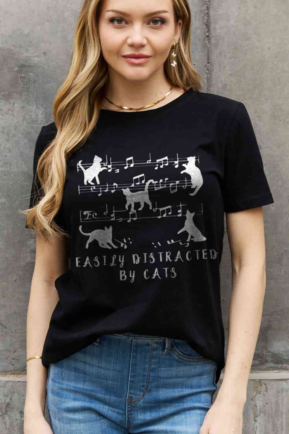 Simply Love Full Size EASILY DISTRACTED BY CATS Graphic Cotton Tee - TRENDMELO