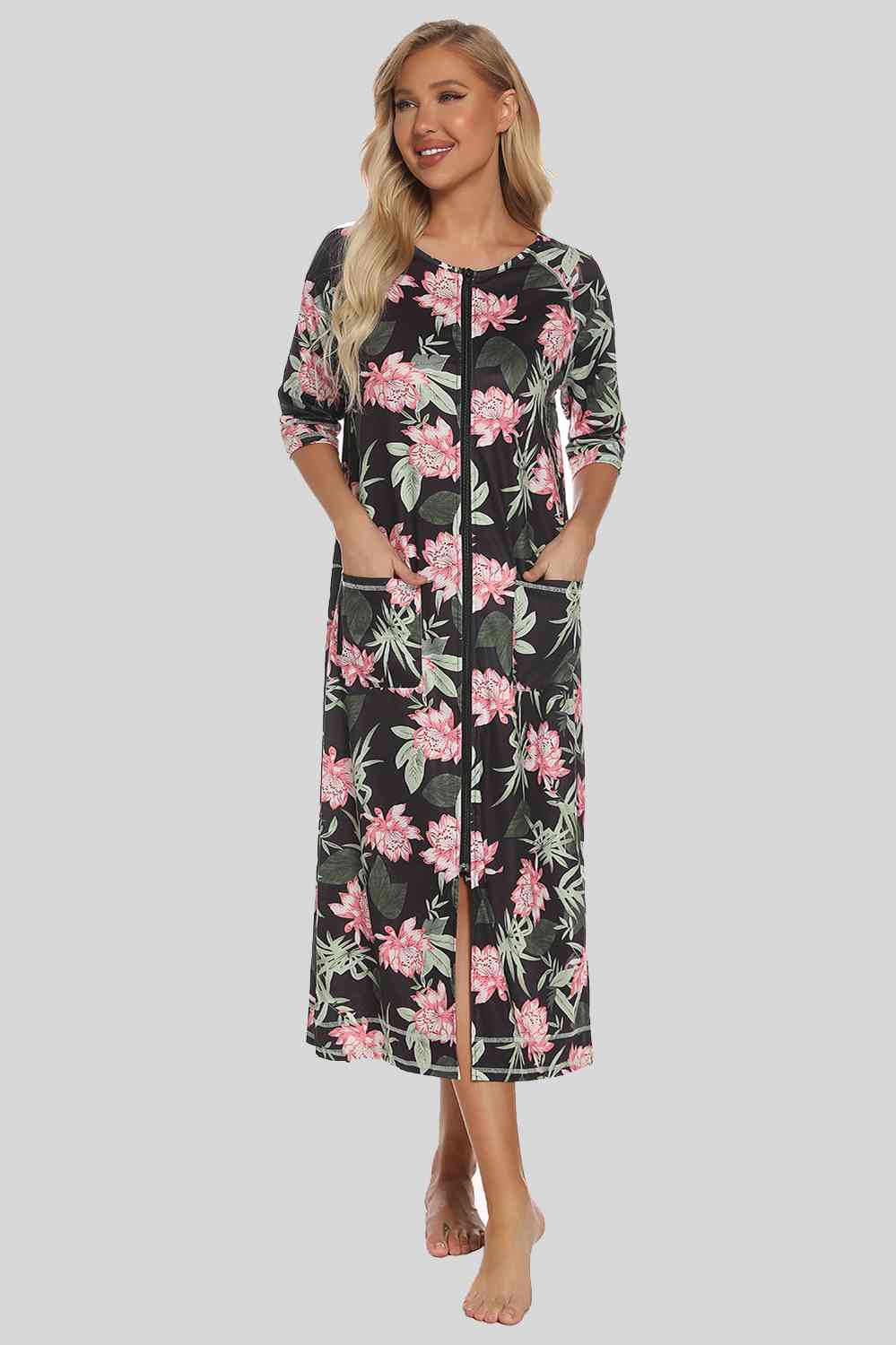 Printed Slit Night Dress with Pockets - TRENDMELO