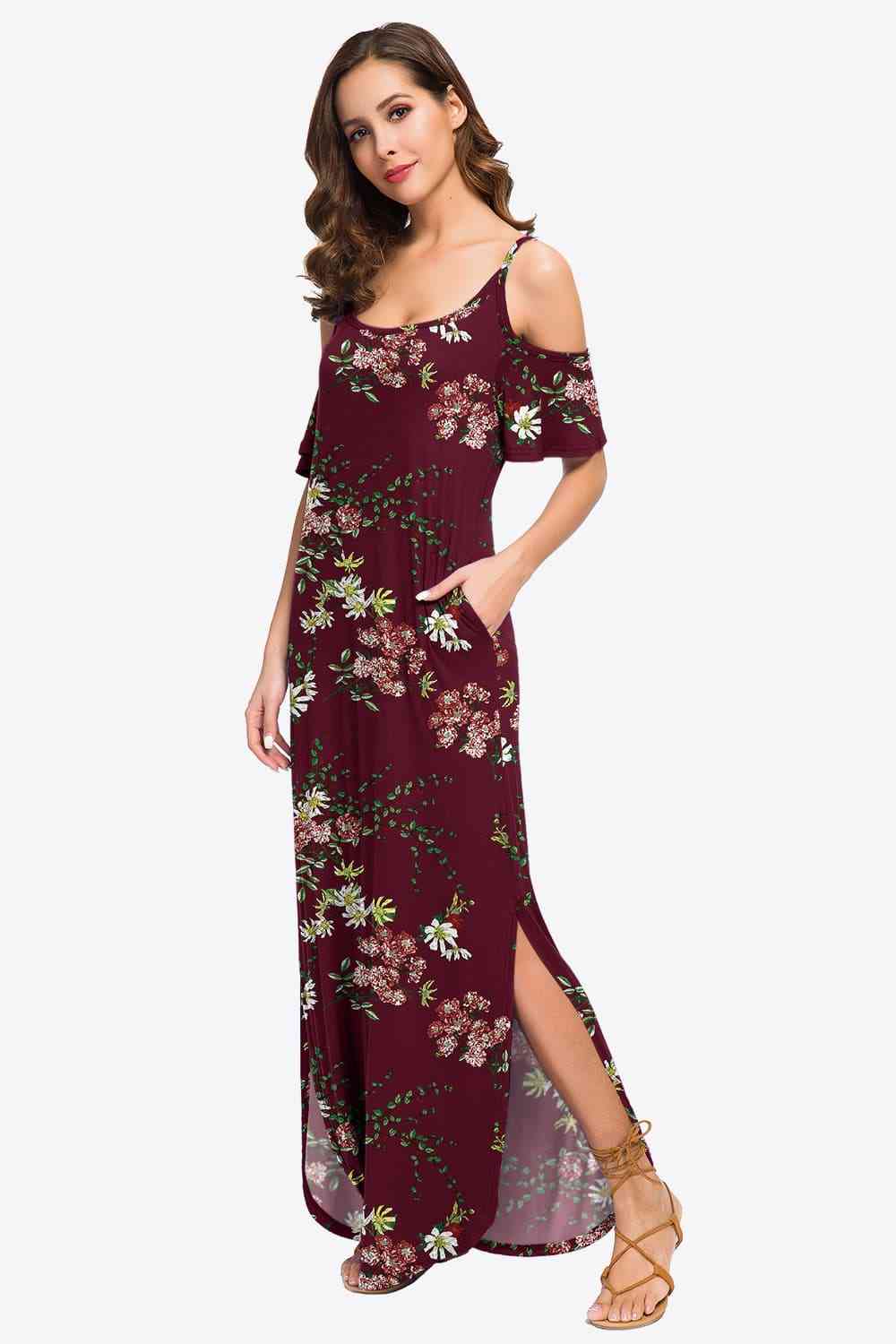 Slit Scoop Neck Cold-Shoulder Maxi Dress - TRENDMELO