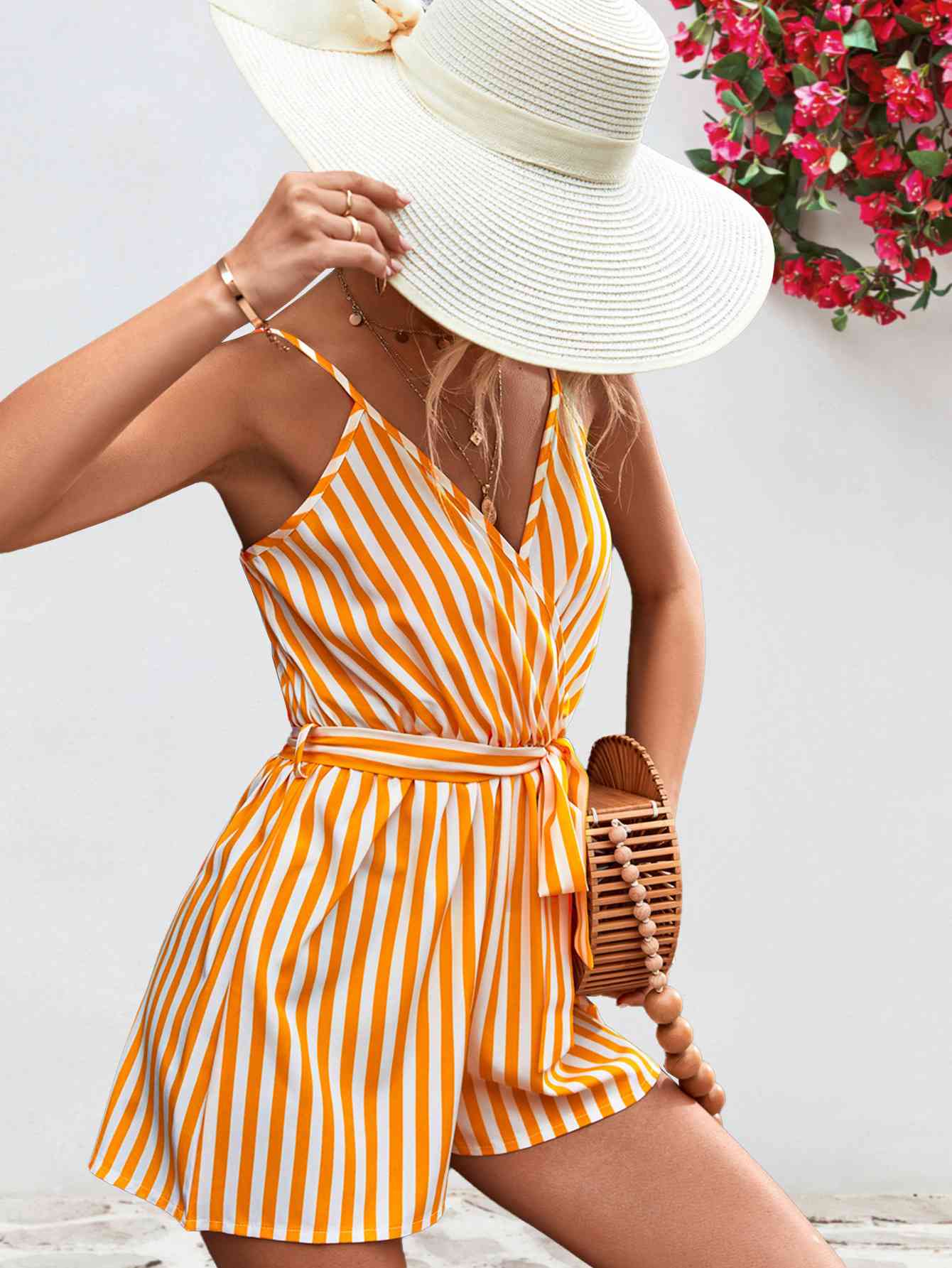 Striped Tie Waist Spaghetti Strap Romper - TRENDMELO