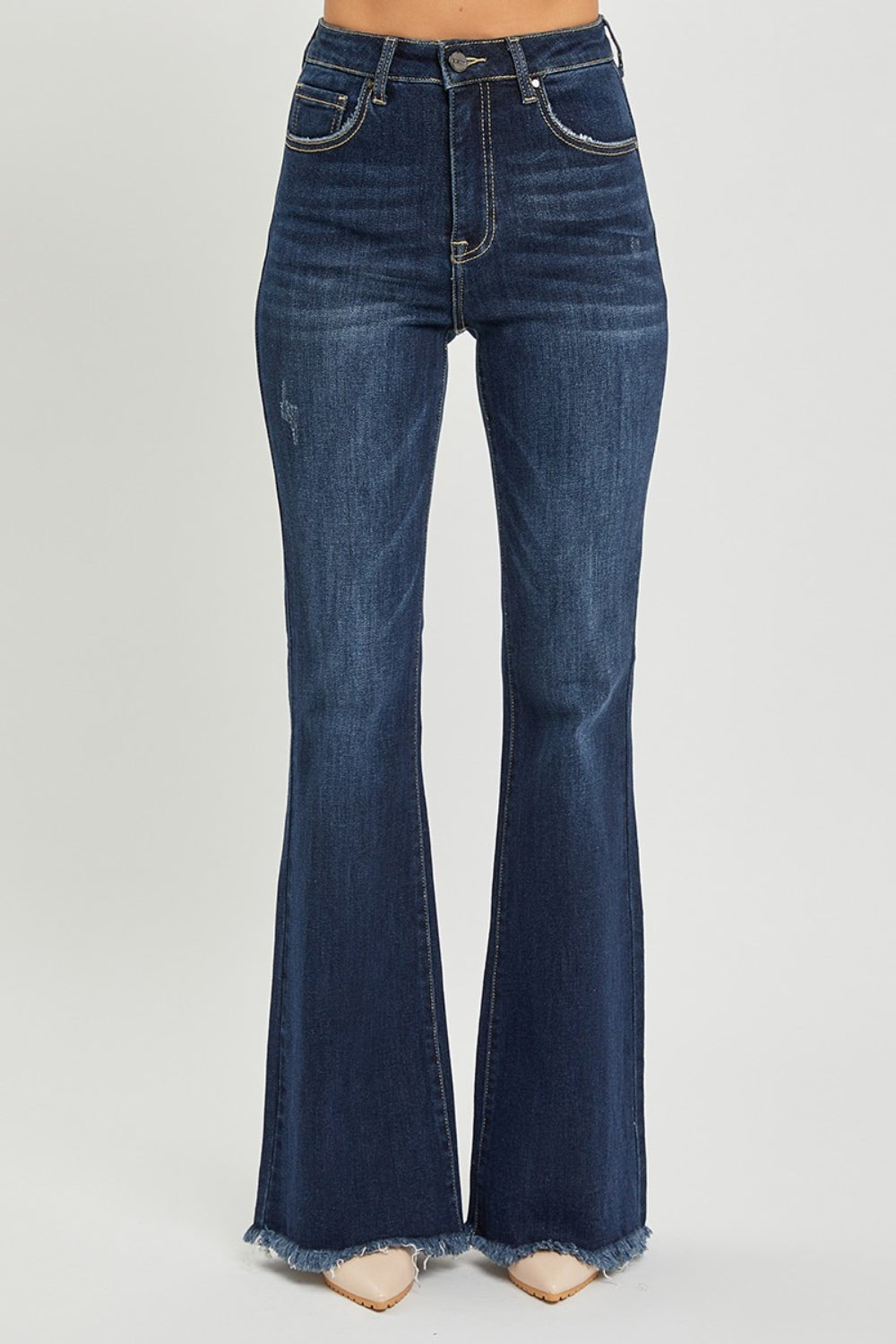 RISEN High Waist Raw Hem Flare Jeans - TRENDMELO