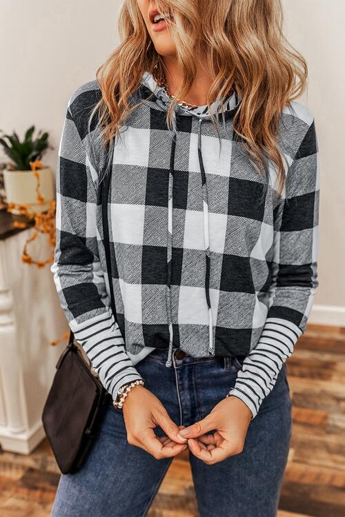 Plaid Drawstring Long Sleeve Hoodie - TRENDMELO