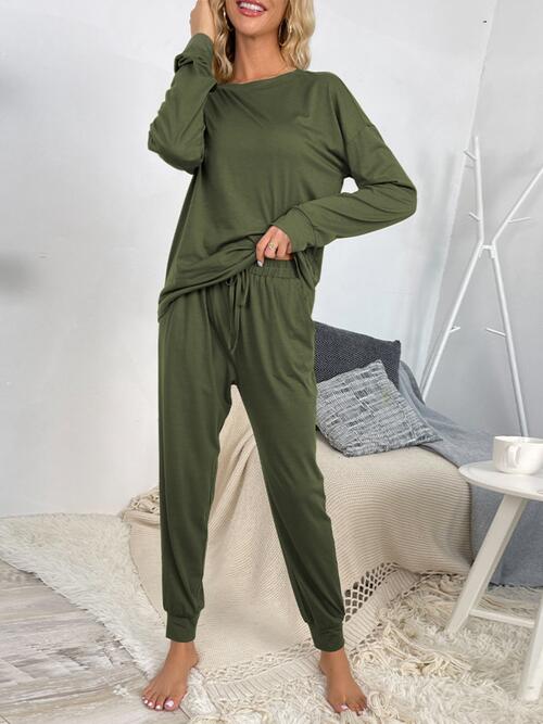 Round Neck Top and Drawstring Pants Lounge Set - TRENDMELO