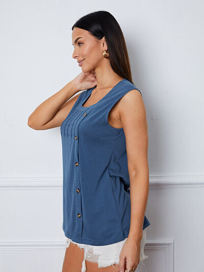 Square Neck Decorative Button Tank - TRENDMELO