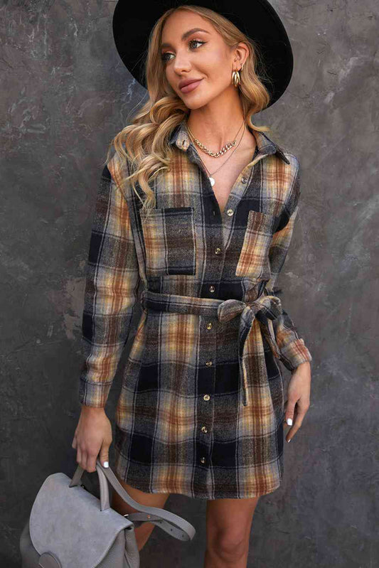 Plaid Tie Waist Button Down Shirt Dress - TRENDMELO