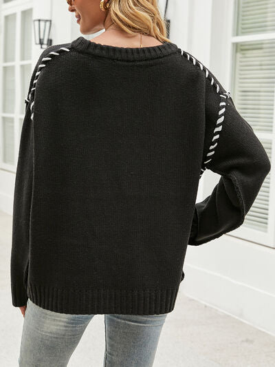 Contrast Round Neck Drop Shoulder Knit Top - TRENDMELO