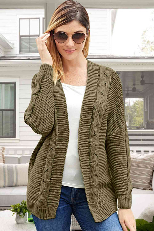 Cable-Knit Open Front Long Sleeve Cardigan - TRENDMELO