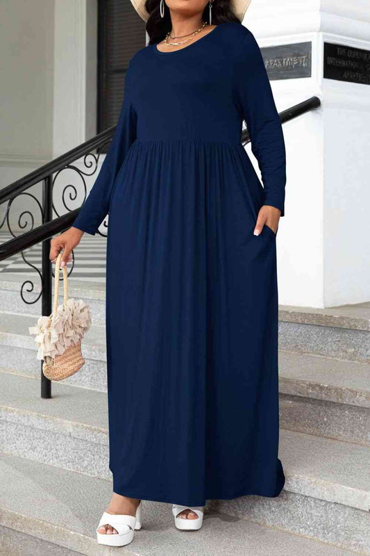 Plus Size Round Neck Long Sleeve Maxi Dress with Pockets - TRENDMELO