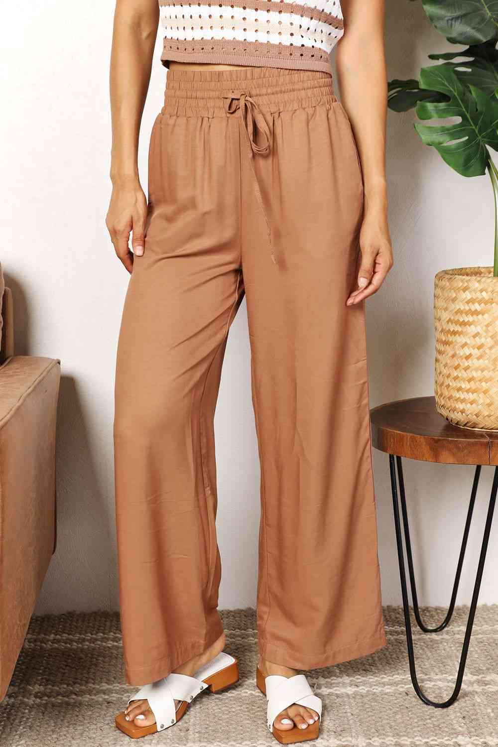 Double Take Drawstring Smocked Waist Wide Leg Pants - TRENDMELO