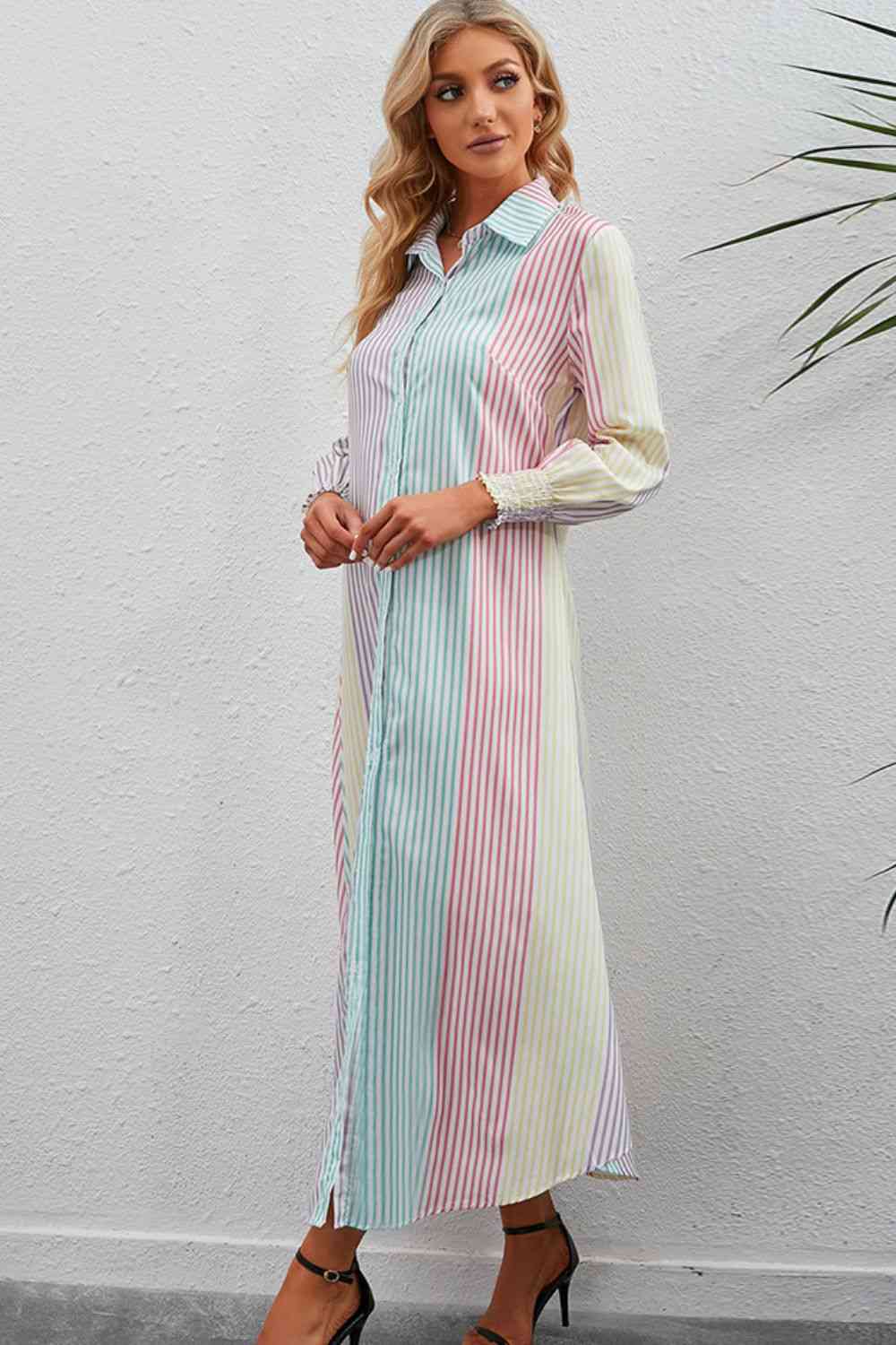 Rainbow Stripe Button-Up Maxi Shirt Dress - TRENDMELO