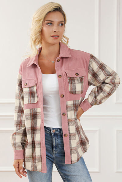 Button Up Plaid Collared Neck Jacket - TRENDMELO