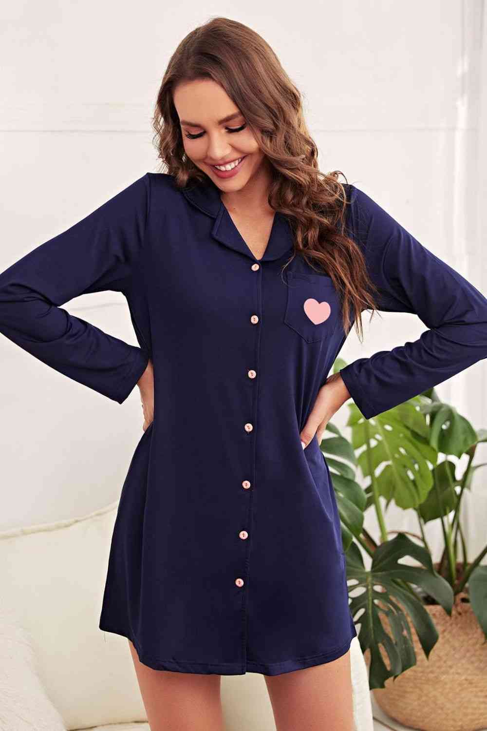 Heart Graphic Lapel Collar Night Shirt Dress - TRENDMELO