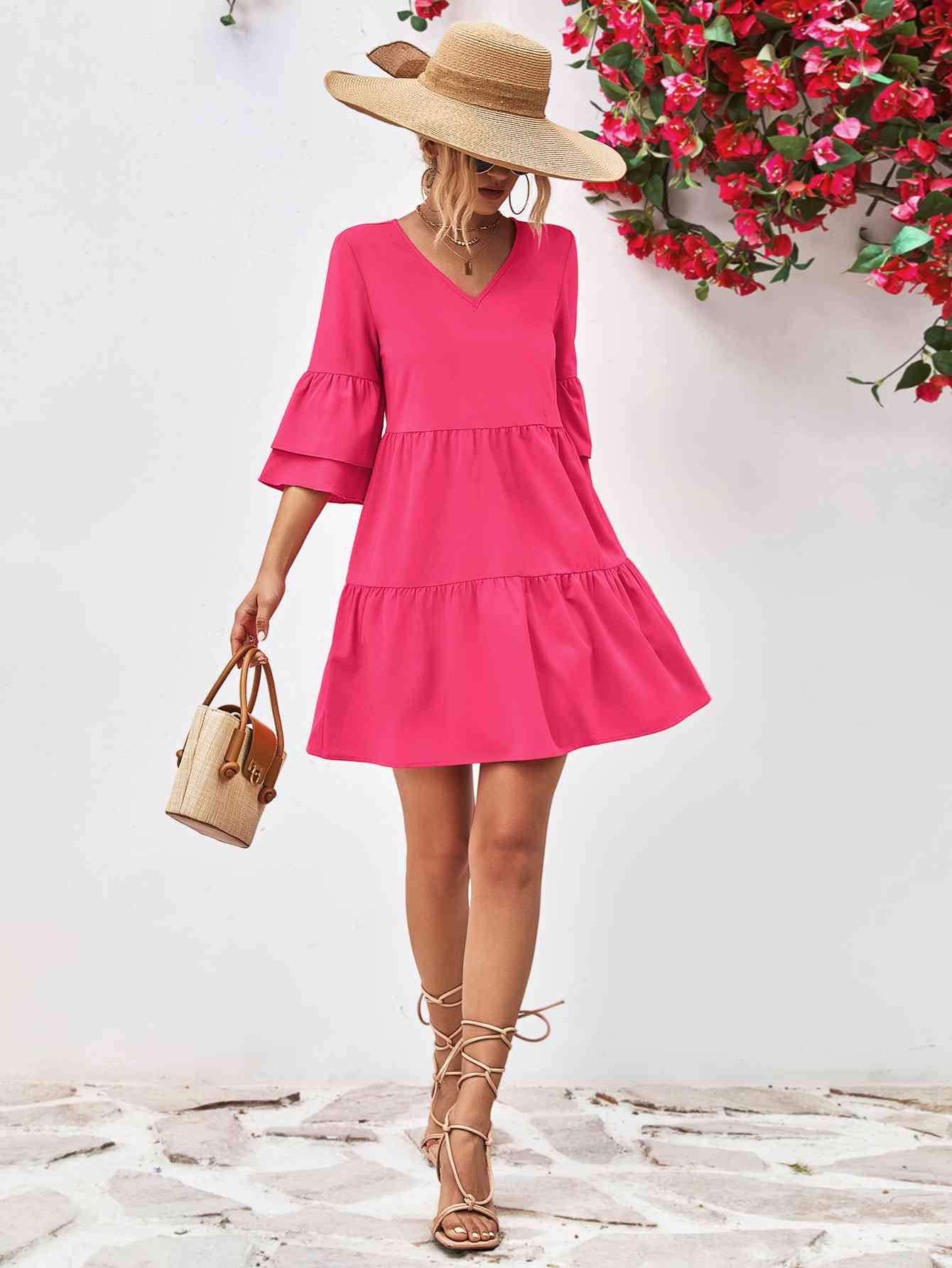 V-Neck Flare Sleeve Mini Dress - TRENDMELO