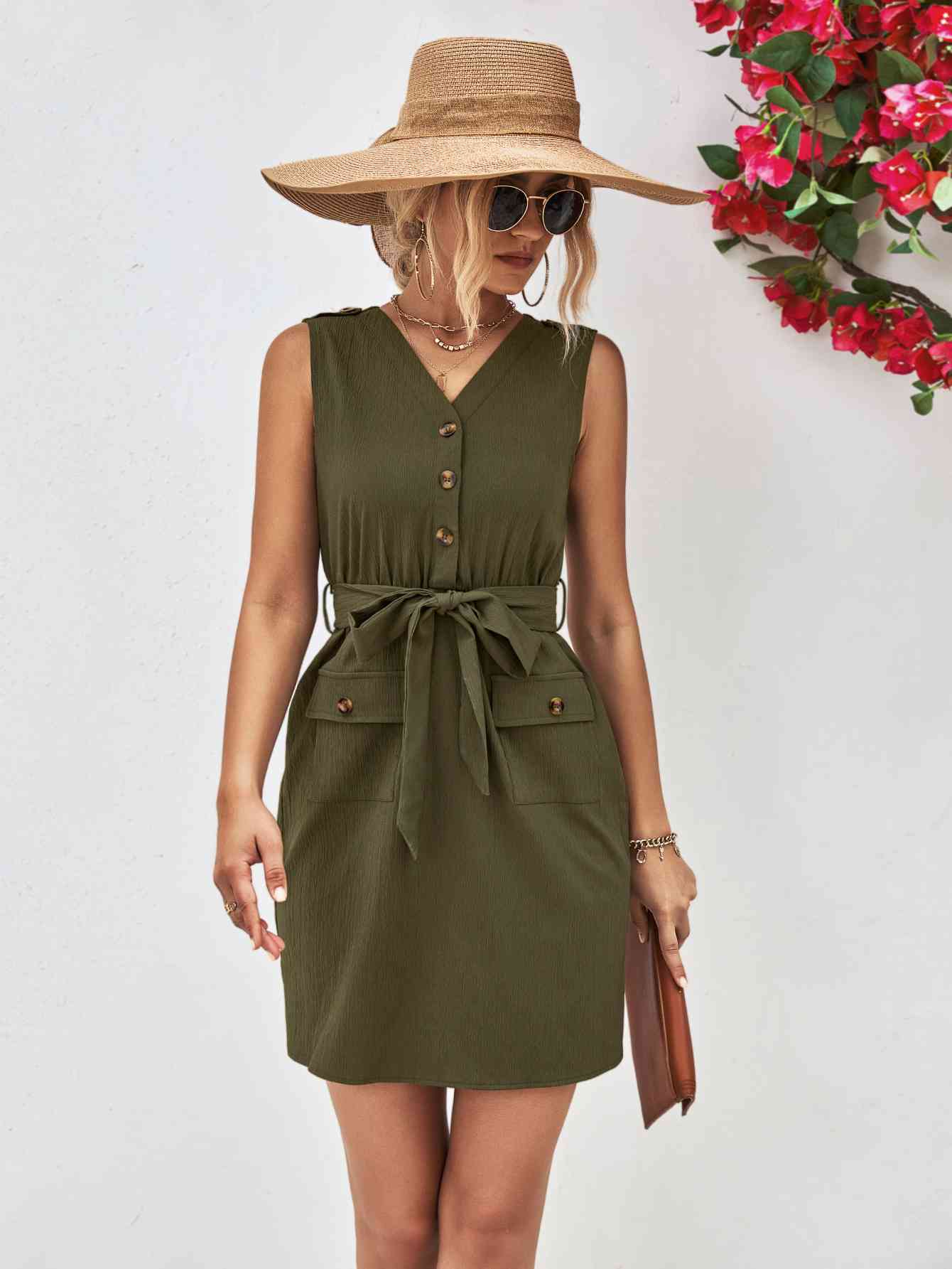 Buttoned V-Neck Belted Sleeveless Dress - TRENDMELO