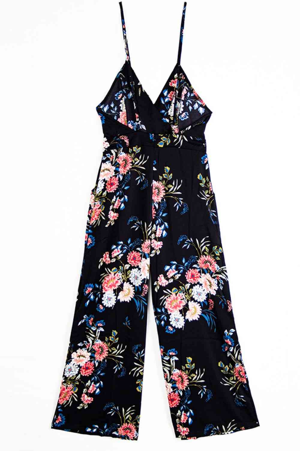 Floral Spaghetti Strap Wide Leg Jumpsuit with Pockets - TRENDMELO