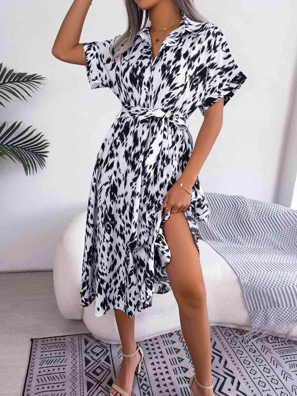 Printed Collared Neck Short Sleeve Tie Waist Dress - TRENDMELO