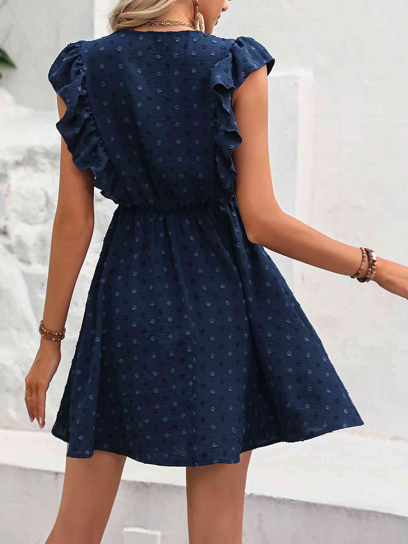 Swiss Dot Ruffled Plunge Dress - TRENDMELO