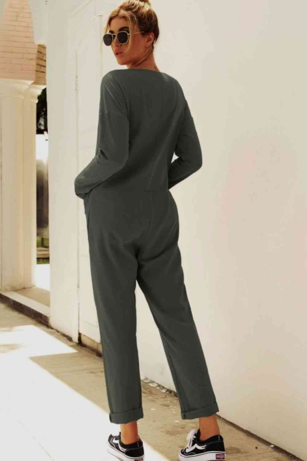 Buttoned Drop Shoulder Pocket Jumpsuit - TRENDMELO