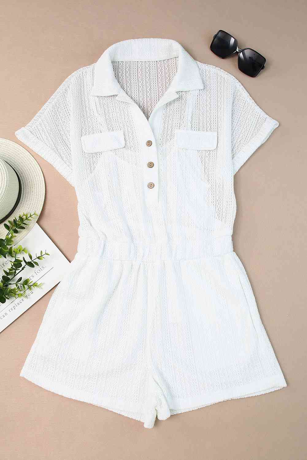 Collared Short Sleeve Romper with Pockets - TRENDMELO