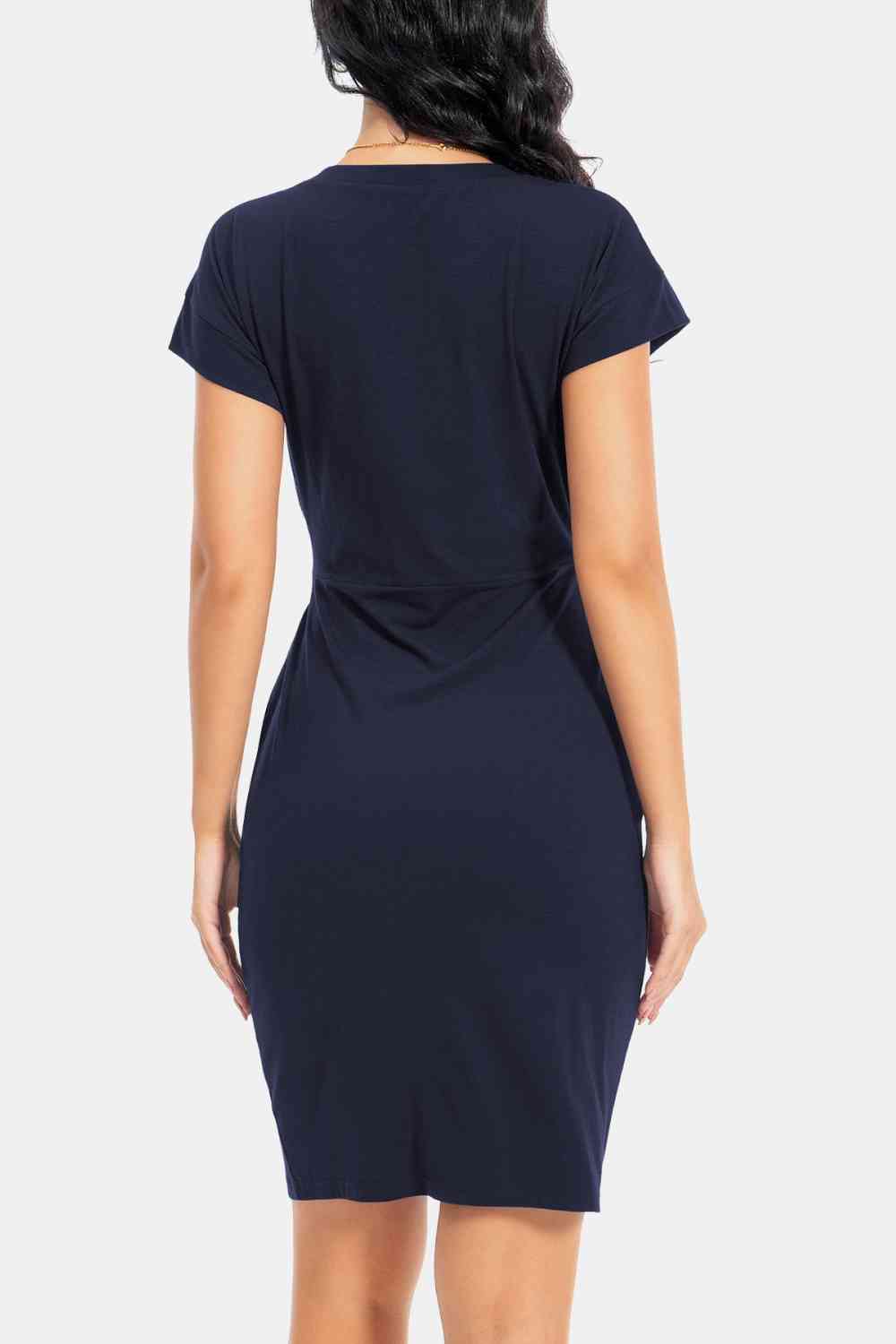 Tie Front Round Neck Short Sleeve Dress - TRENDMELO