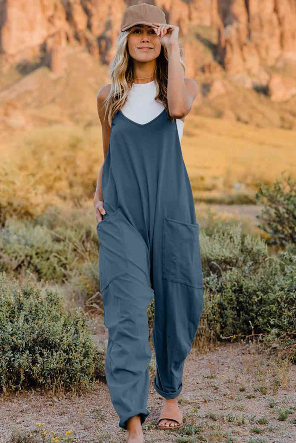 Double Take Full Size V-Neck Sleeveless Jumpsuit with Pockets - TRENDMELO