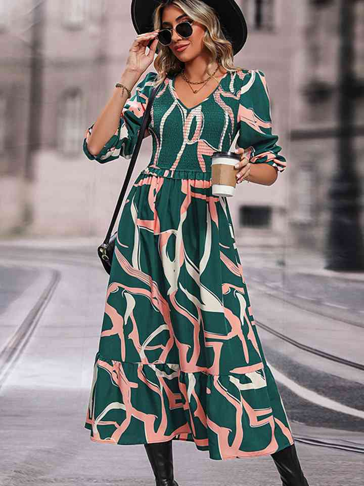 Printed Smocked V-Neck Three-Quarter Sleeve Midi Dress - TRENDMELO