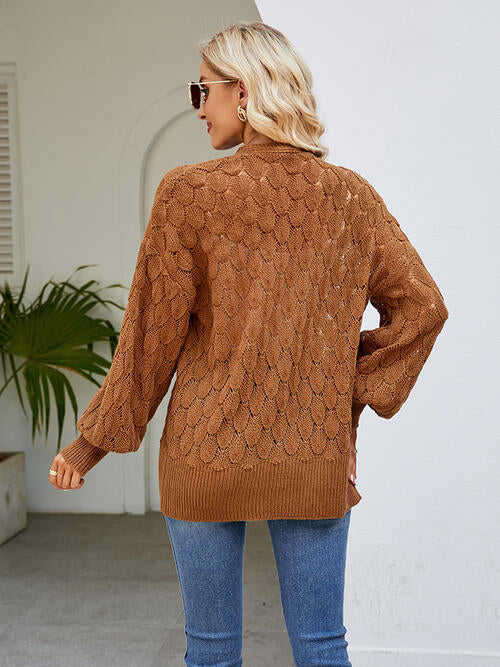 Openwork Open Front Lantern Sleeve Cardigan - TRENDMELO