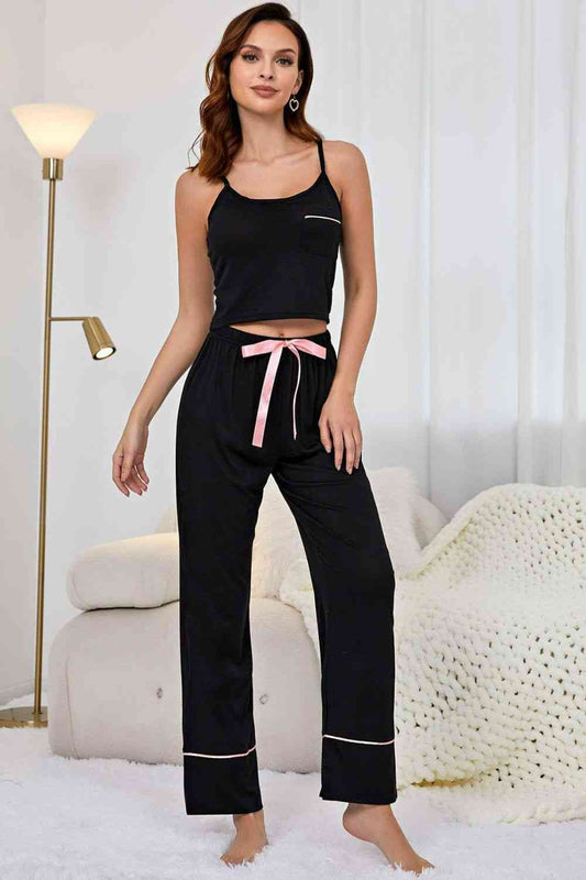 Contrast Trim Cropped Cami and Pants Loungewear Set - TRENDMELO
