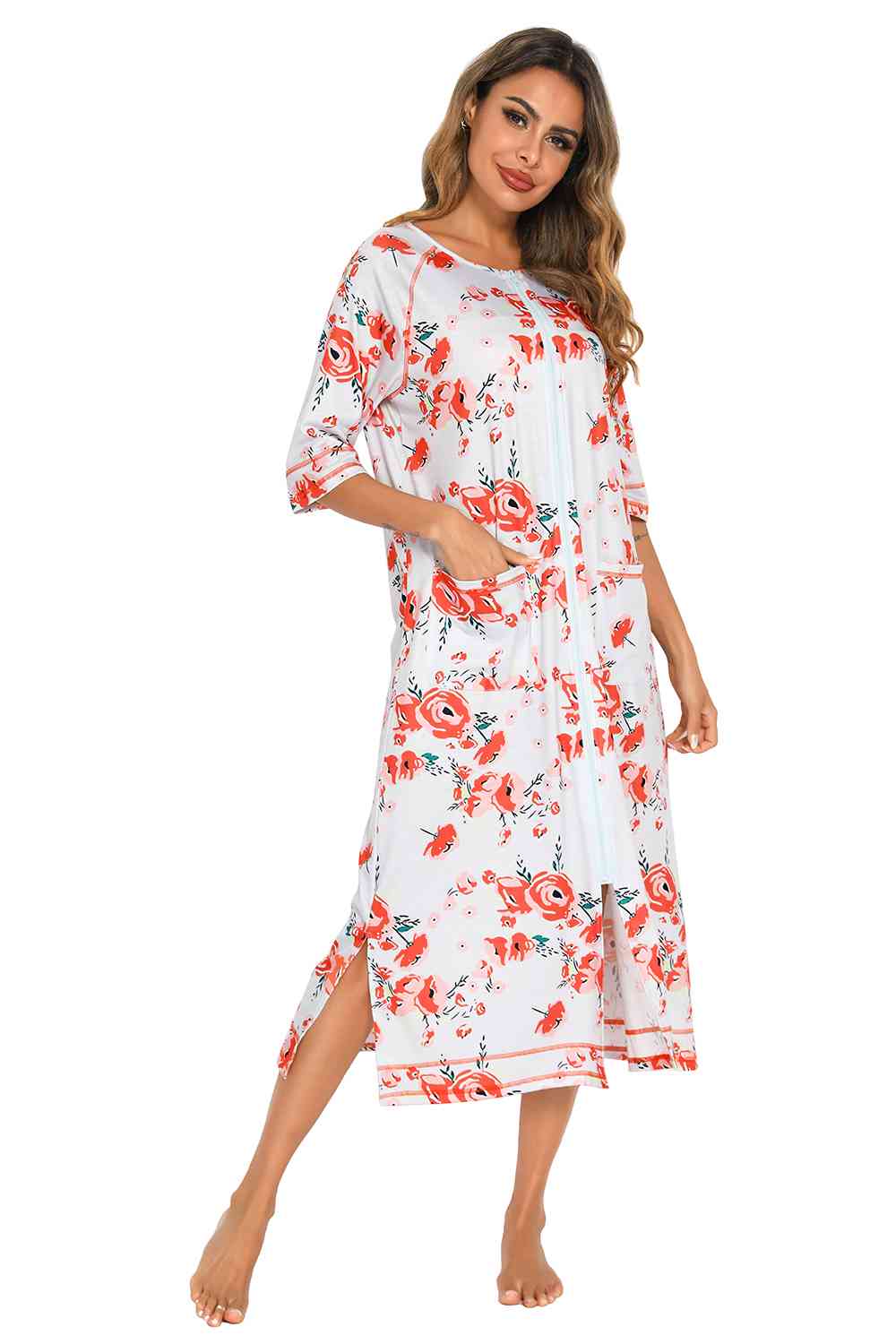 Printed Slit Night Dress with Pockets - TRENDMELO