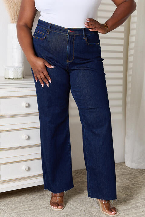 Judy Blue Full Size Raw Hem Straight Leg Jeans with Pockets - TRENDMELO