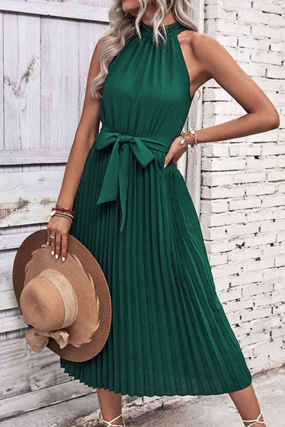 Tie Belt Pleated Midi Dress - TRENDMELO