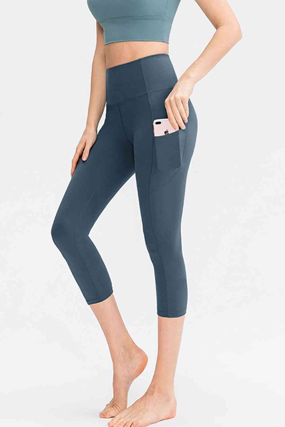 Wide Waistband Cropped Active Leggings with Pockets - TRENDMELO