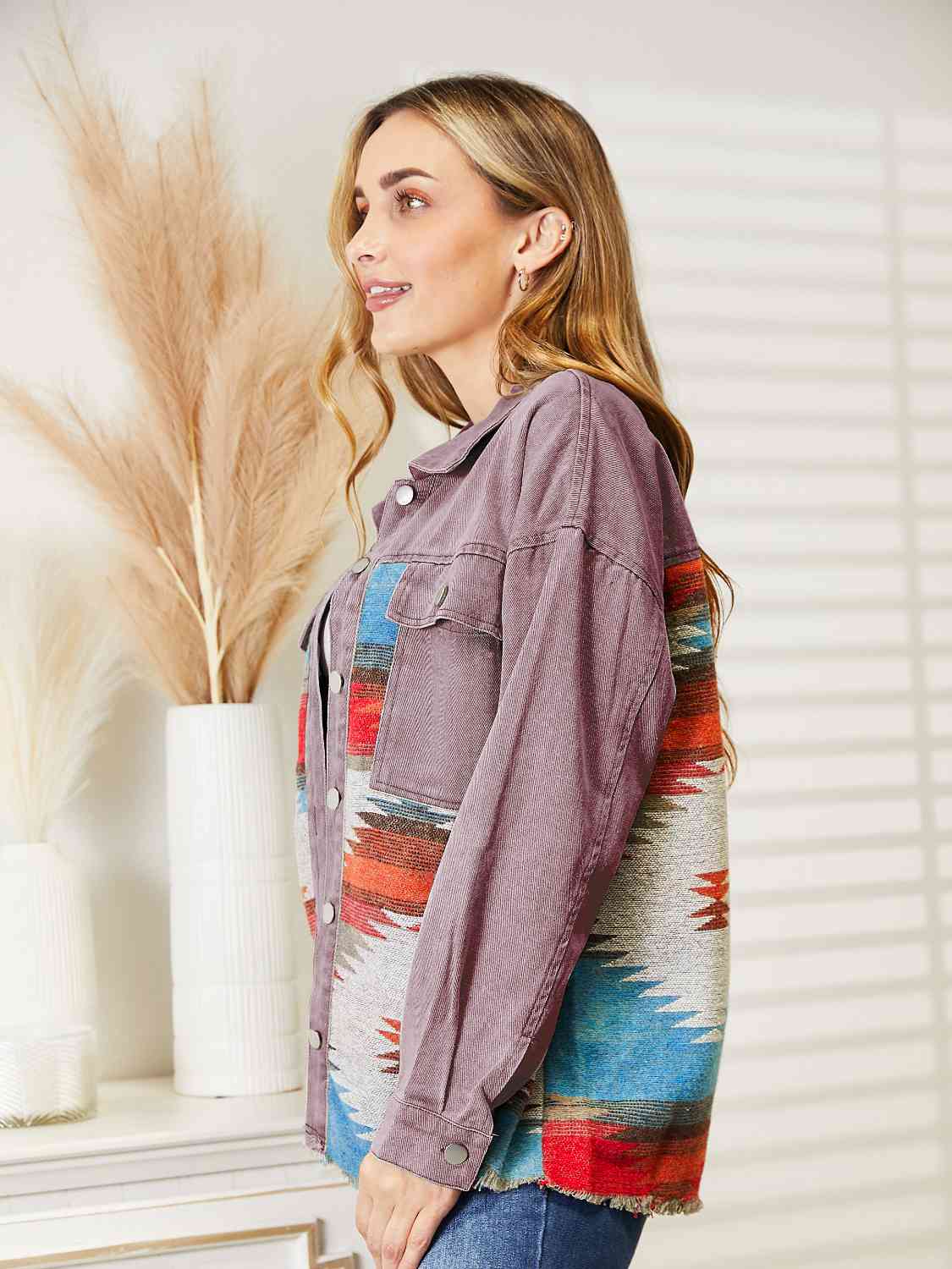 Dropped Shoulder Long Sleeve Printed Denim Jacket - TRENDMELO