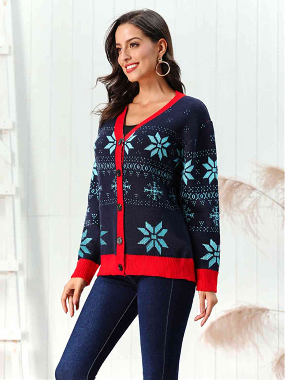 Snowflake Pattern Button Down Cardigan - TRENDMELO