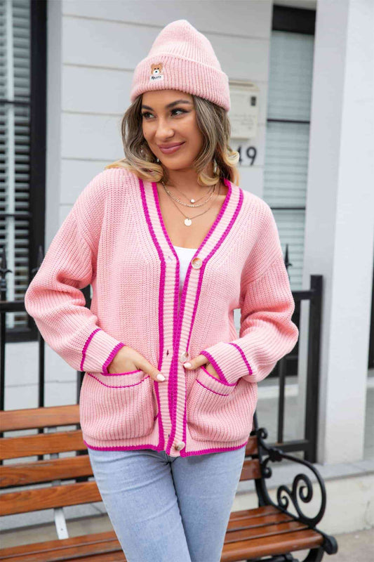 Waffle Knit V-Neck Cardigan with Pocket - TRENDMELO