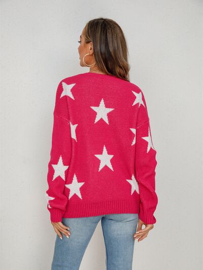 Star Round Neck Dropped Shoulder Sweater - TRENDMELO