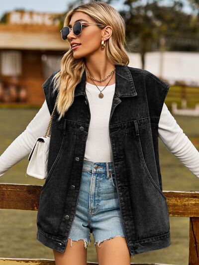 Button Up Collared Neck Sleeveless Denim Jacket - TRENDMELO