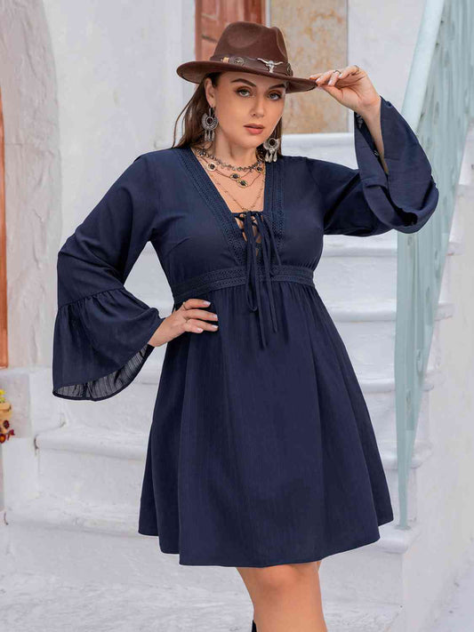 Plus Size Tie Front V-Neck Flare Sleeve Dress - TRENDMELO