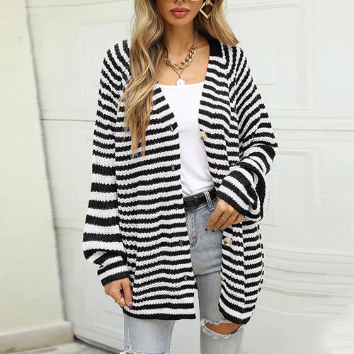 Striped Button Down Long Sleeve Cardigan - TRENDMELO