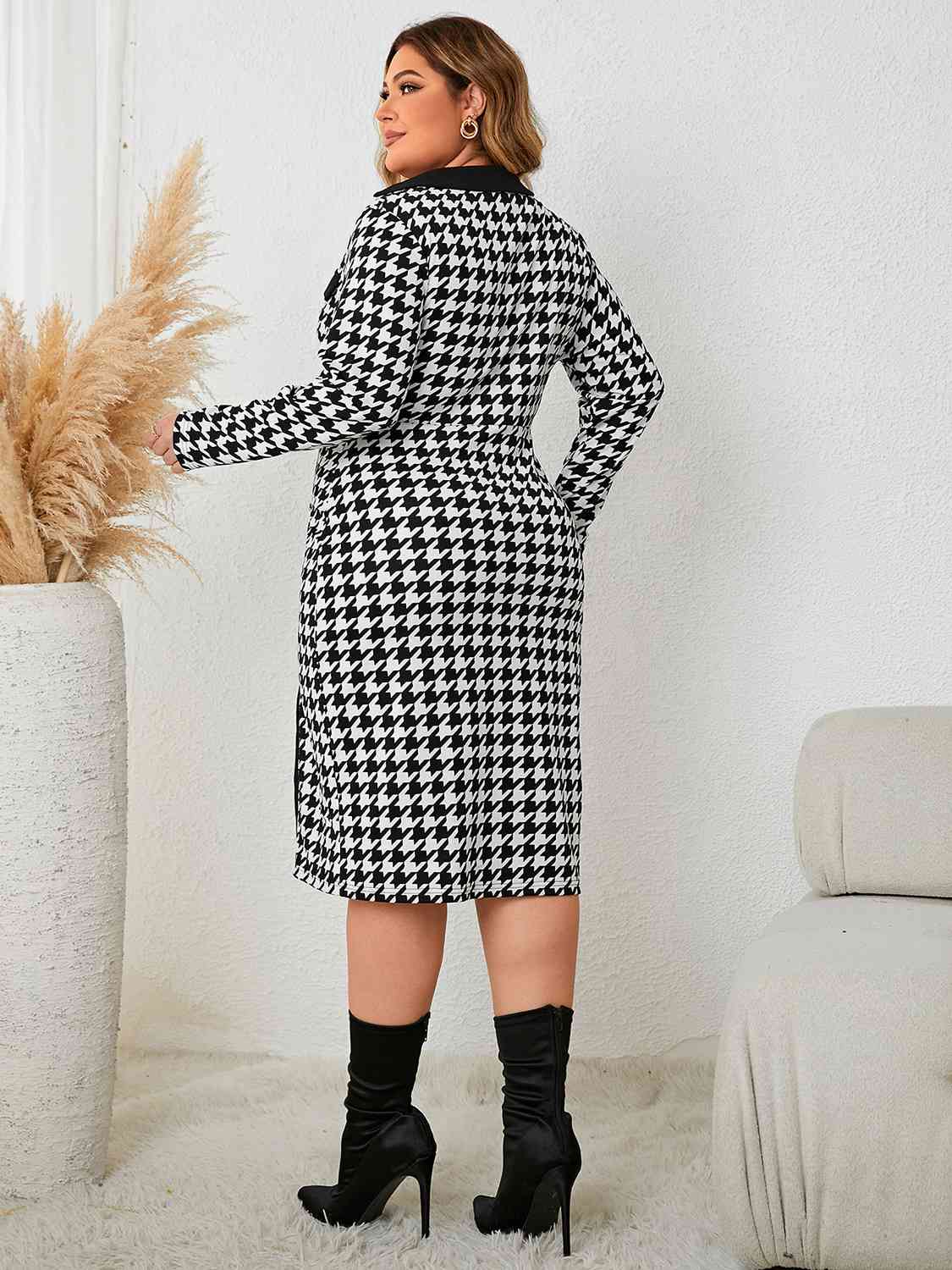 Plus Size Houndstooth Long Sleeve Slit Dress - TRENDMELO