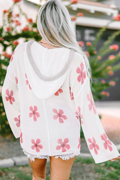 Flower Dropped Shoulder Hooded Sweater - TRENDMELO