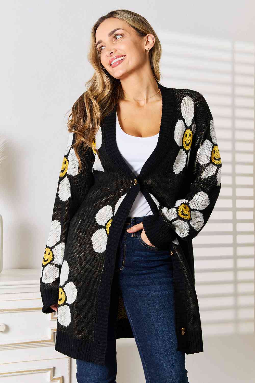 Double Take Floral Button Down Longline Cardigan - TRENDMELO