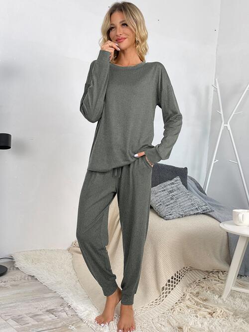 Round Neck Top and Drawstring Pants Lounge Set - TRENDMELO