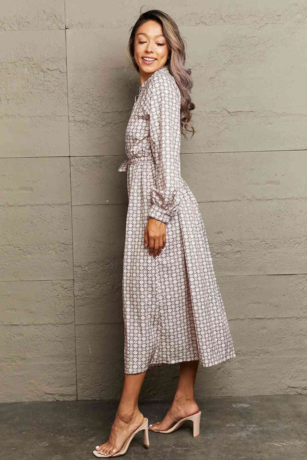 Printed Tie Waist Long Sleeve Dress - TRENDMELO