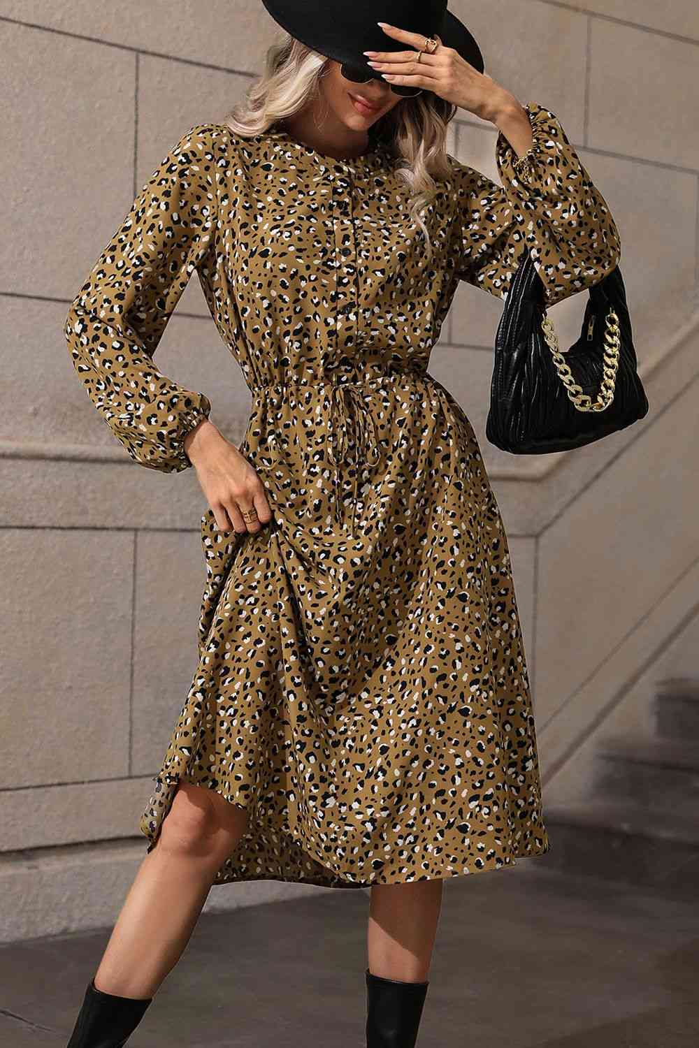 Printed Long Sleeve Midi Dress - TRENDMELO