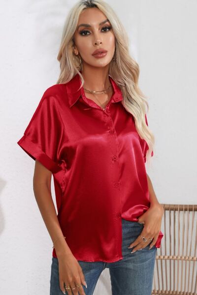 Collared Neck Short Sleeve Shirt - TRENDMELO