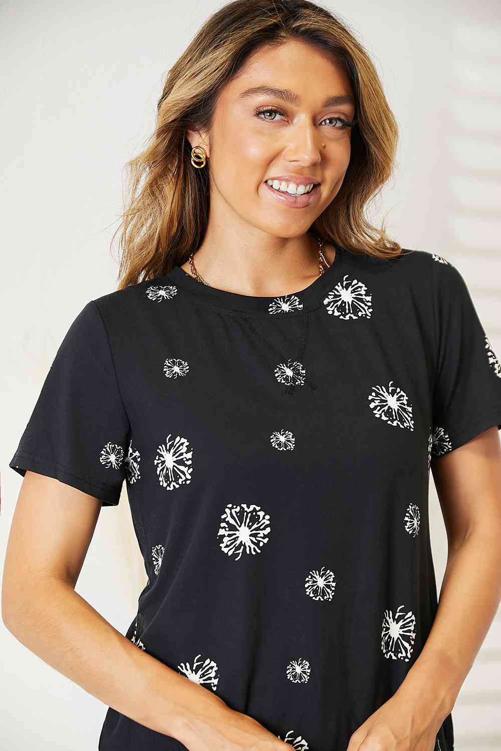 Double Take Dandelion Print Round Neck T-Shirt - TRENDMELO