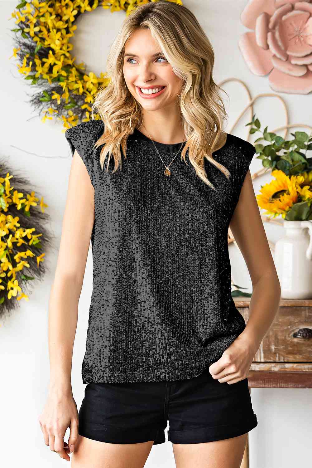 Sequin Round Neck Capped Sleeve Tank - TRENDMELO