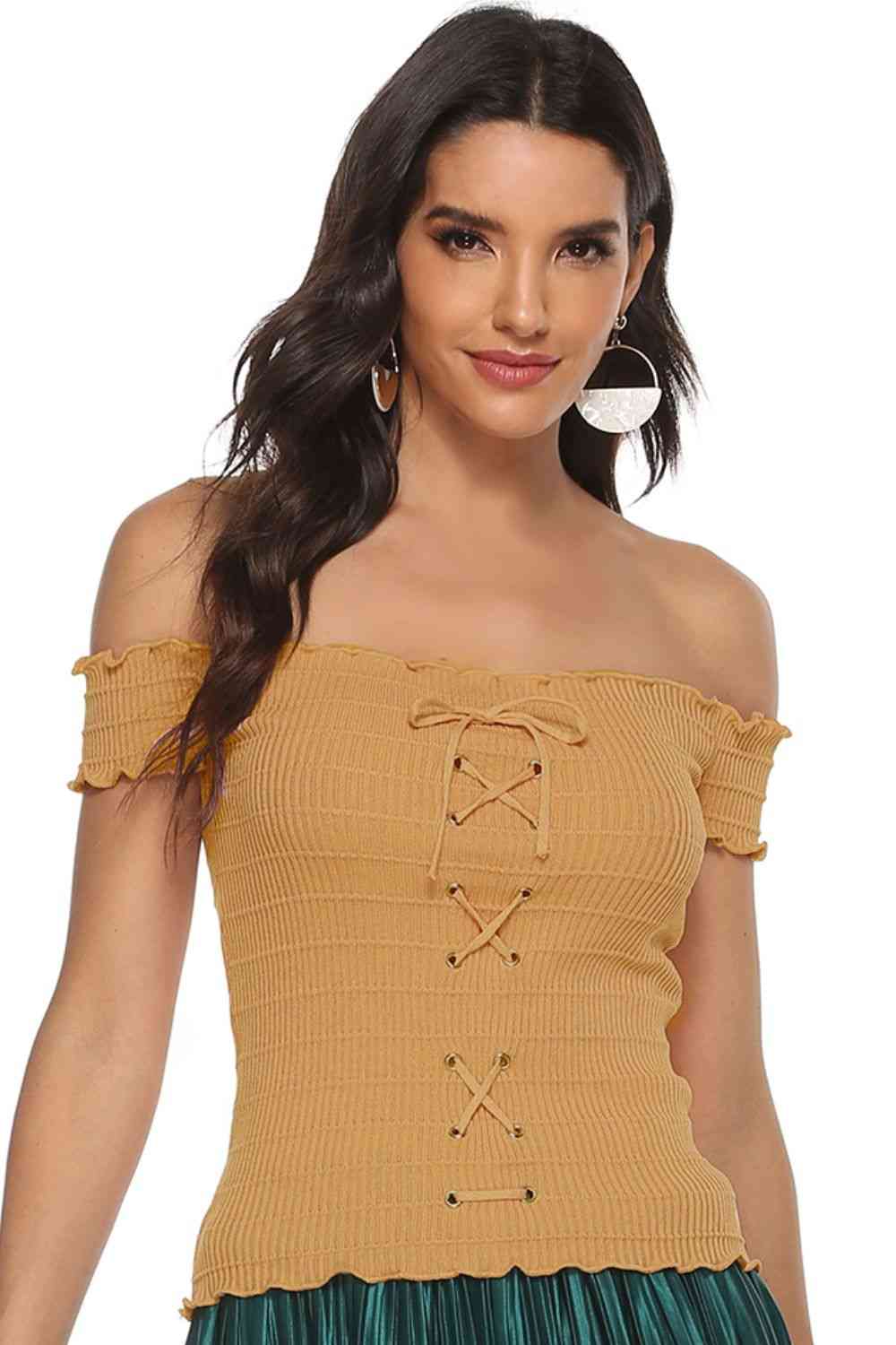 Lace-Up Front Lettuce Hem Off-Shoulder Knit Top - TRENDMELO